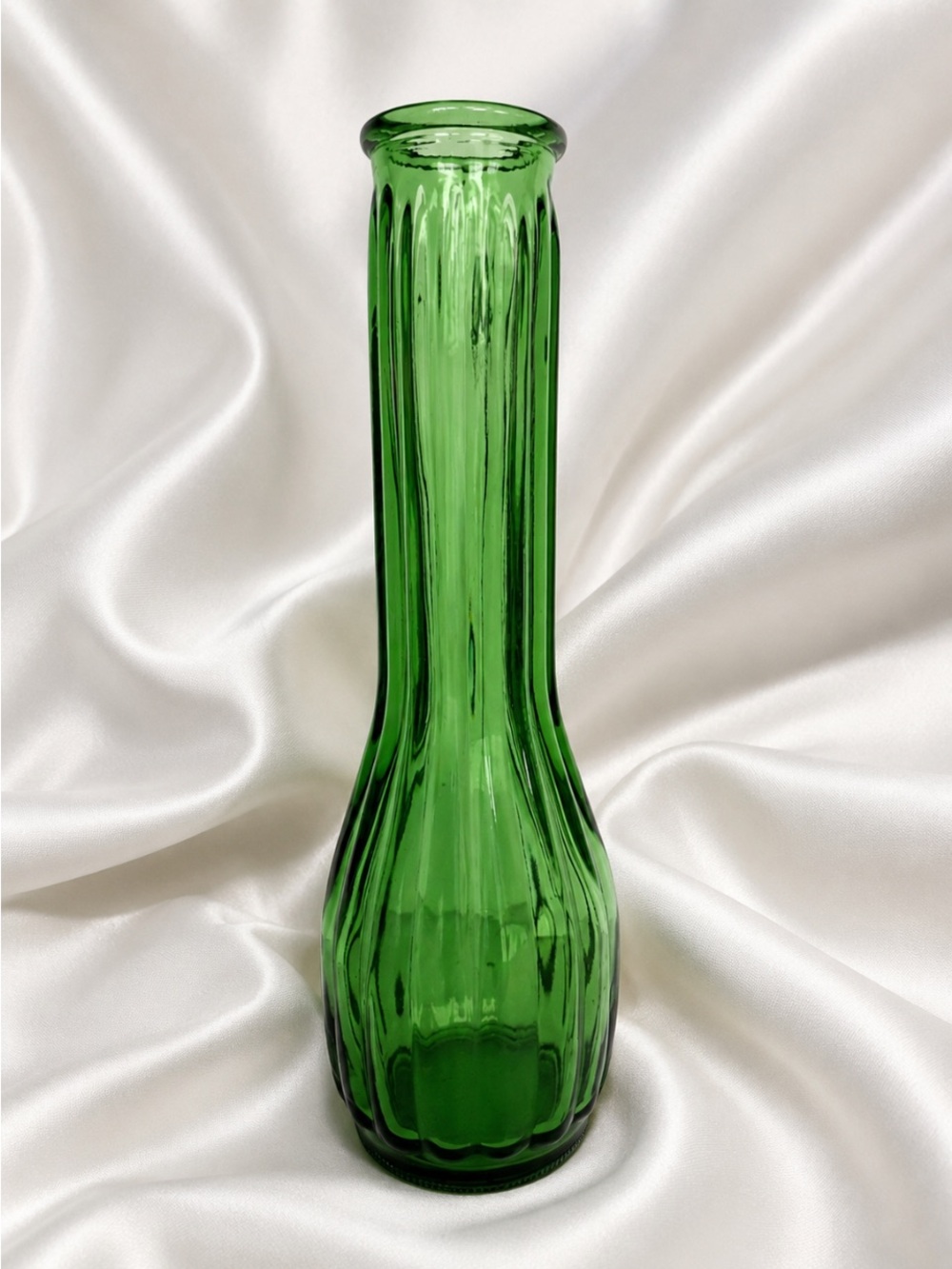 Emerald Green “VINTAGE” Ribbed Glass Hand Blown Footed 8" Bud Vase